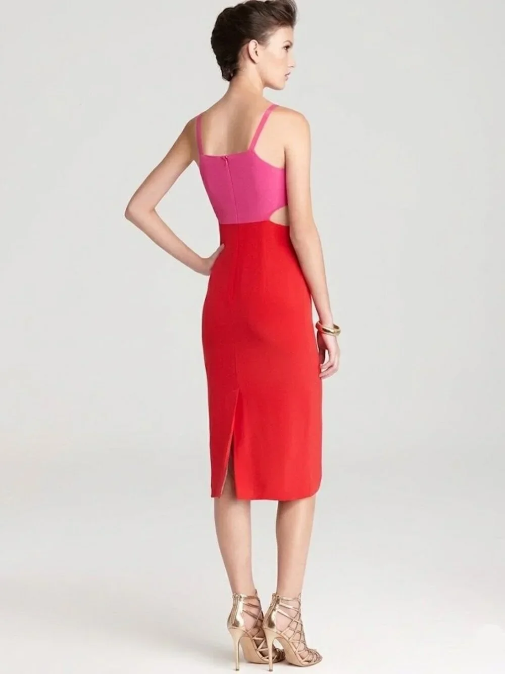 Mara Hoffman 100% Silk Waist Cut Out Color Block Midi Dress Fuchsia Red 8 - Picture 3 of 6